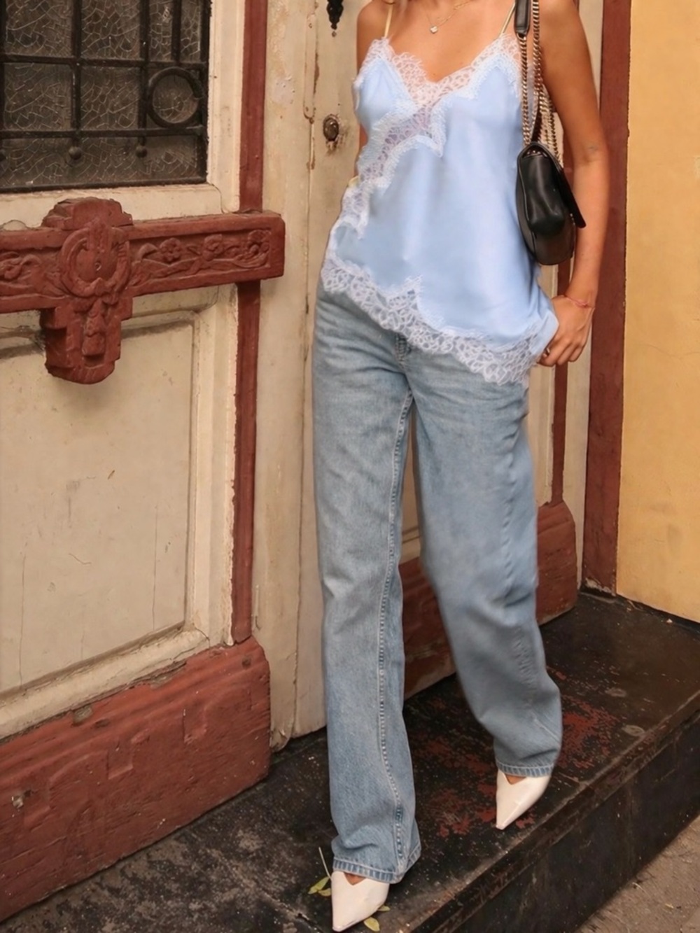 Asymmetrical Lace Trim Baby Blue Cami Top